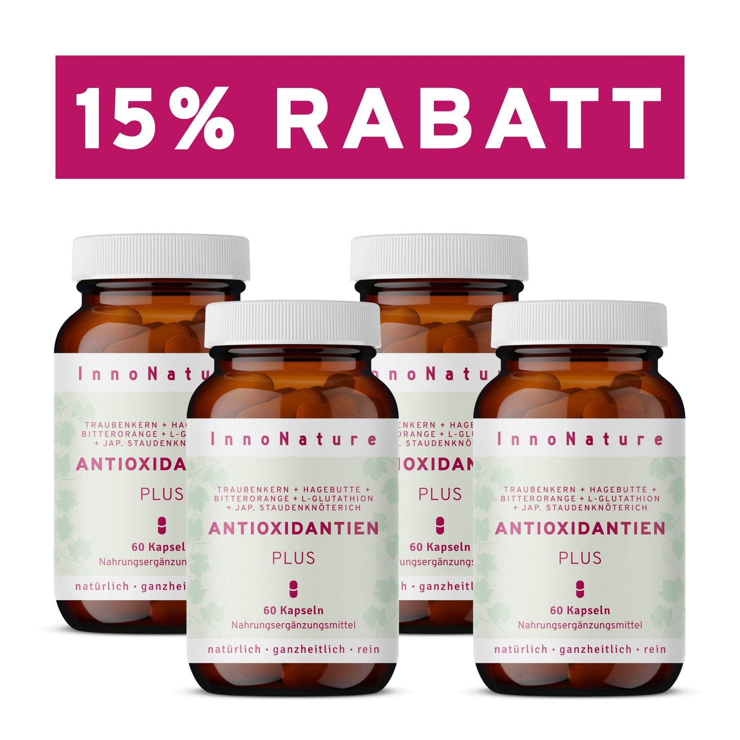 InnoNature Kapseln 4x Monatsvorrat (4x60 Kapseln) Zellschutz Kapseln: Trans-Resveratrol + OPC + L-Glutathion + Hagebutte + Citrus-Bioflavonoide