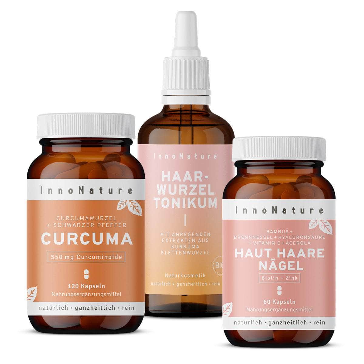 InnoNature Pakete 1x Vorrat (1x HHN, 1x Curcuma, 1x Haarwurzel Tonikum) Haar-Kraft-Paket