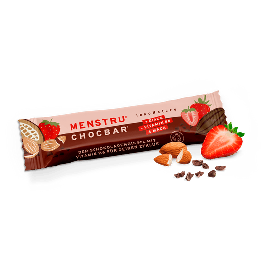  Menstru® Chocbar: Veganer Schokoladenriegel mit Vitamin B6, Eisen und Maca