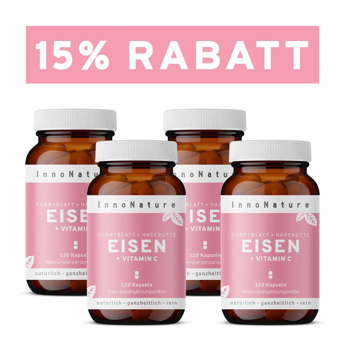 InnoNature Kapseln 4x Viermonatsvorrat (4x120 Kapseln) Eisen + Vitamin C Kapseln aus Curryblättern + Hagebutte