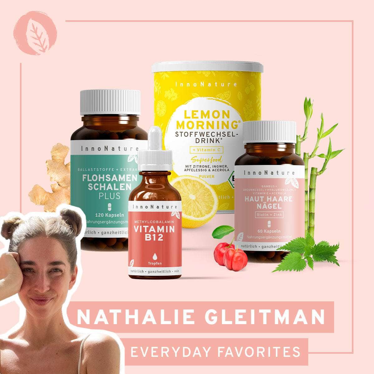 InnoNature Pakete 1x Vorrat (1x Flohsamenschalen Plus Kapseln, 1x Haut-Haare-Nägel Kapseln, 1x Vitamin B12, 1x Lemon Morning) nathaliegleitman-Everyday Favorites-Paket