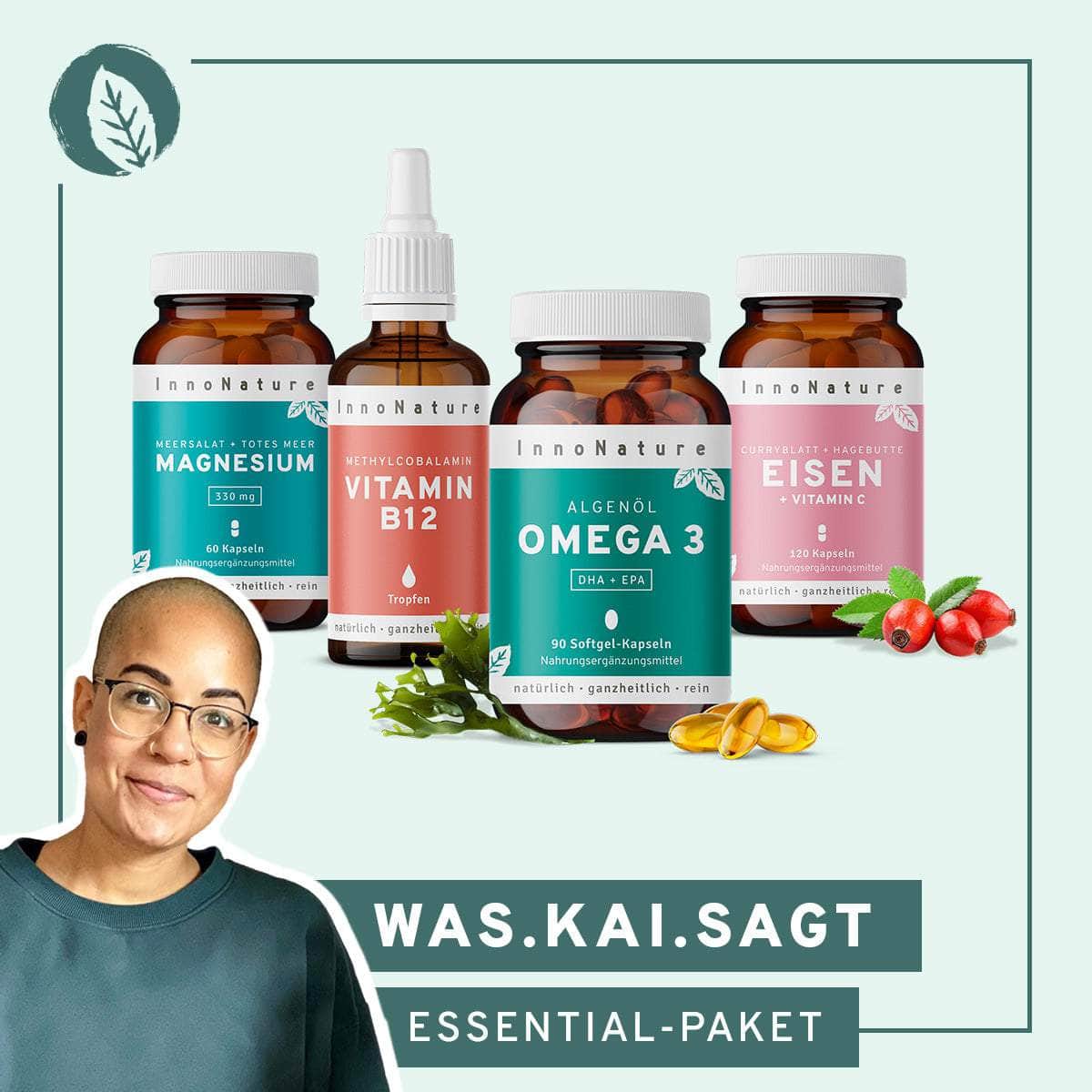 InnoNature Pakete 1x Vorrat (1x Magnesium Kapseln, 1x Vitamin B12 Tropfen, 1x Omega 3 Kapseln, 1x Eisen Kapseln) was.kai.sagt-Essential-Paket