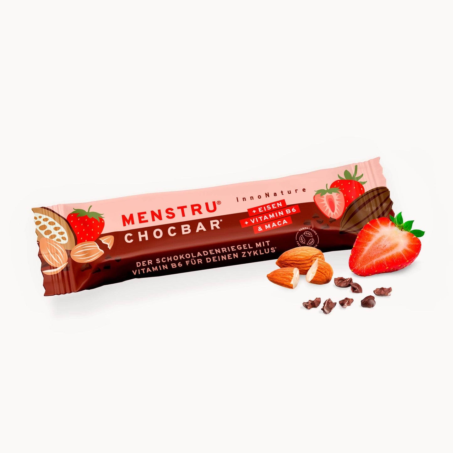 InnoNature Riegel 1x 38g Riegel Menstru® Chocbar: Veganer Schokoladenriegel mit Vitamin B6, Eisen und Maca