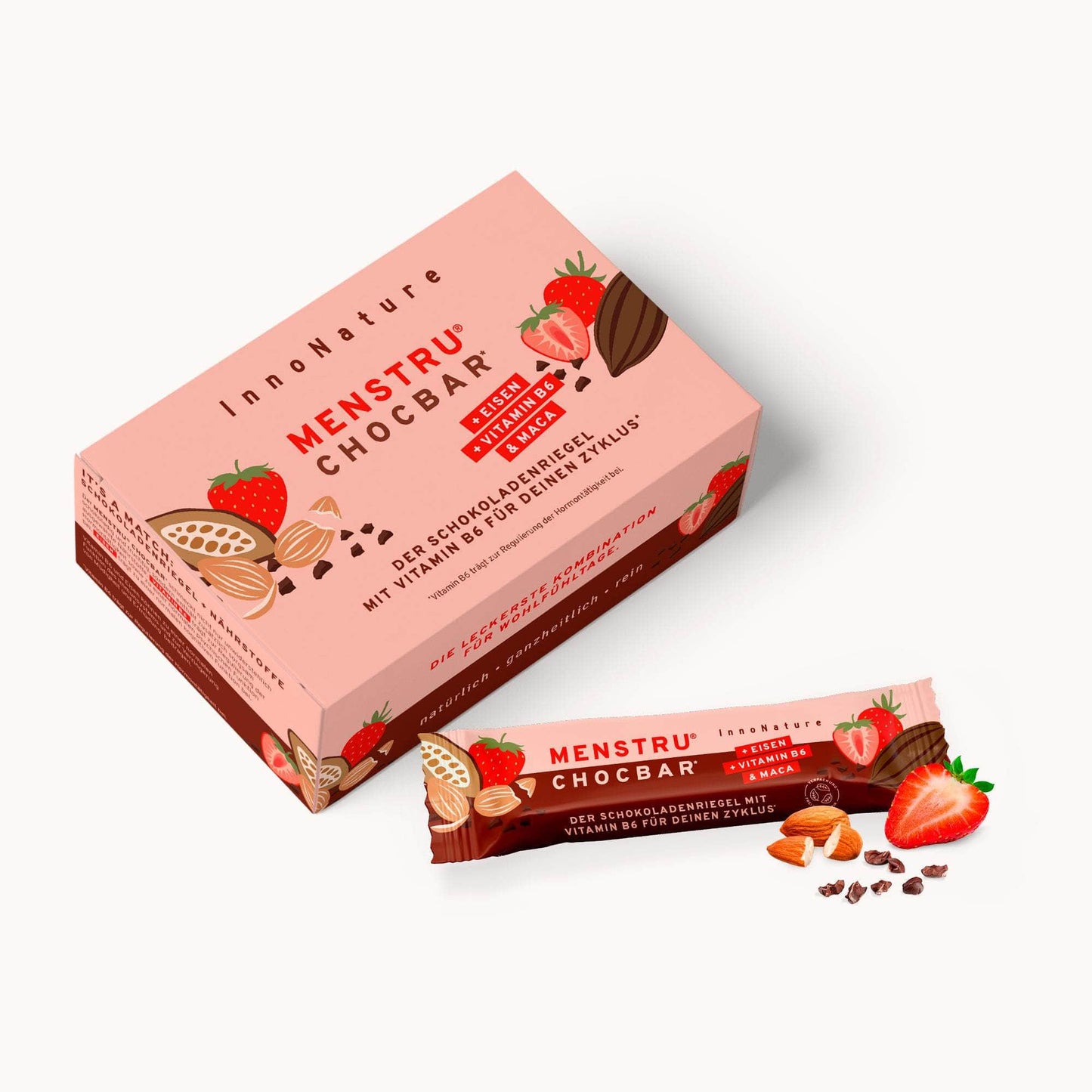 InnoNature Riegel 1x 6 Riegel à 38g Menstru® Chocbar: Veganer Schokoladenriegel mit Vitamin B6, Eisen und Maca - 6er Box
