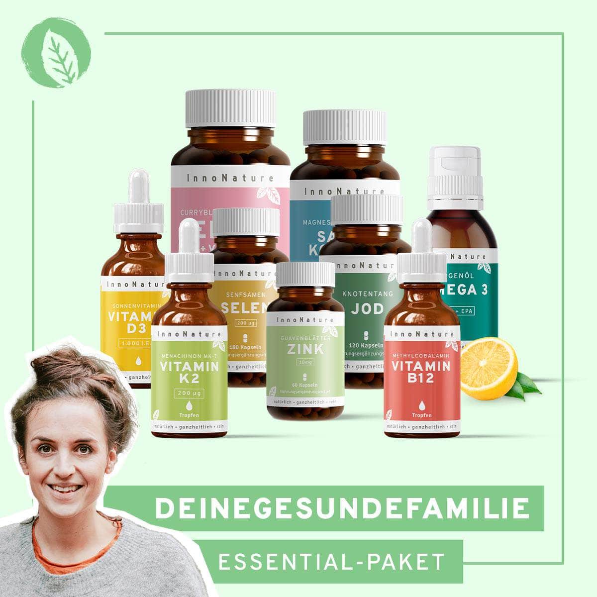 InnoNature 1x Vorrat (1x Vitamin D3, 1x Vitamin K2, 1x Vitamin B12, 1x Eisen, 1x Jod, 1x Selen, 1x Sango Koralle, 1x Zink, 1x Omega 3 Algenöl) deinegesundefamilie-Essential-Paket